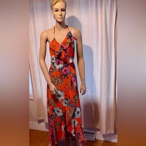 Y2K Charlotte Russe orange floral maxi halter dress with a asymmetrical hem s/m